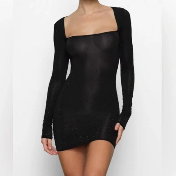 SKIMS Dresses & Skirts - Skims Jelly Sheer Intimates Dress Rhinestone Mini RARE NWT Onyx Black